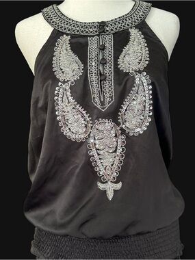 Marineblu Black Halter Top with Silver Sequin Embellishment